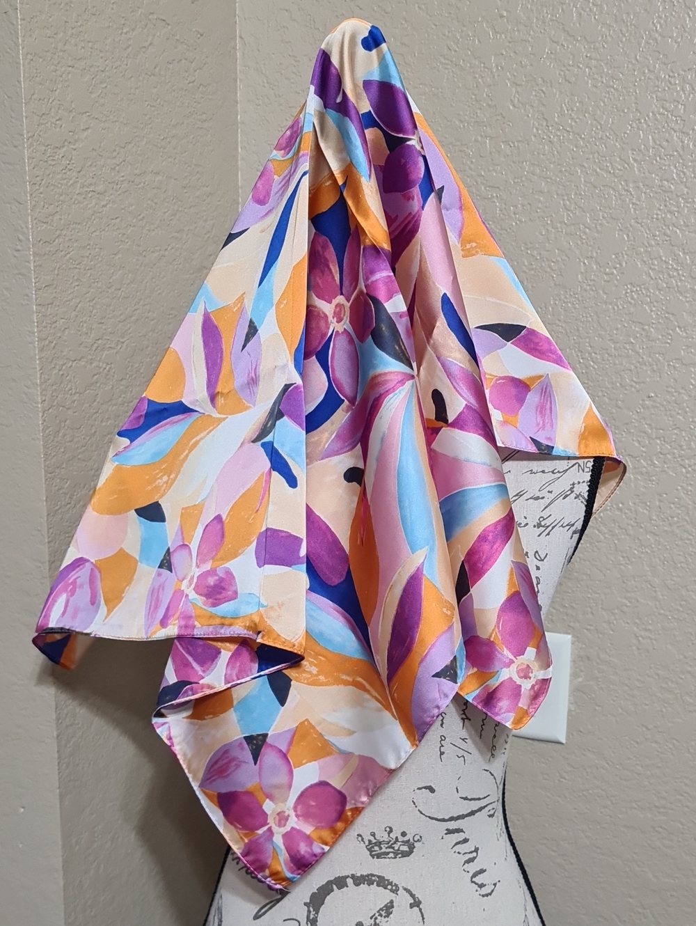 Floral Multicolor Satin Accent Scarf - Pink, Purple & Orange